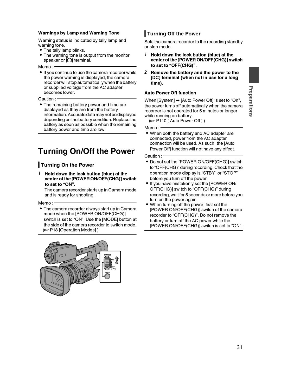 JVC GY-HM650U specifications Turning On/Off the Power, Turning On the Power, Turning Off the Power 