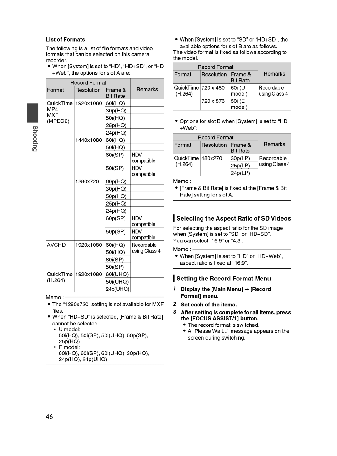 JVC GY-HM650U specifications Selecting the Aspect Ratio of SD Videos, Setting the Record Format Menu, List of Formats 