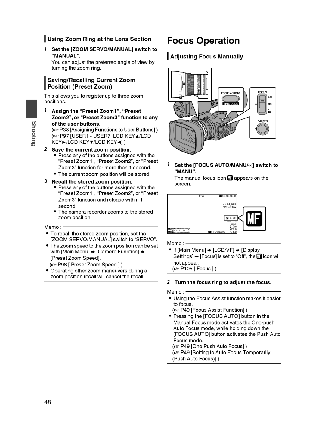 JVC GY-HM650U Focus Operation, Using Zoom Ring at the Lens Section, Saving/Recalling Current Zoom Position Preset Zoom 