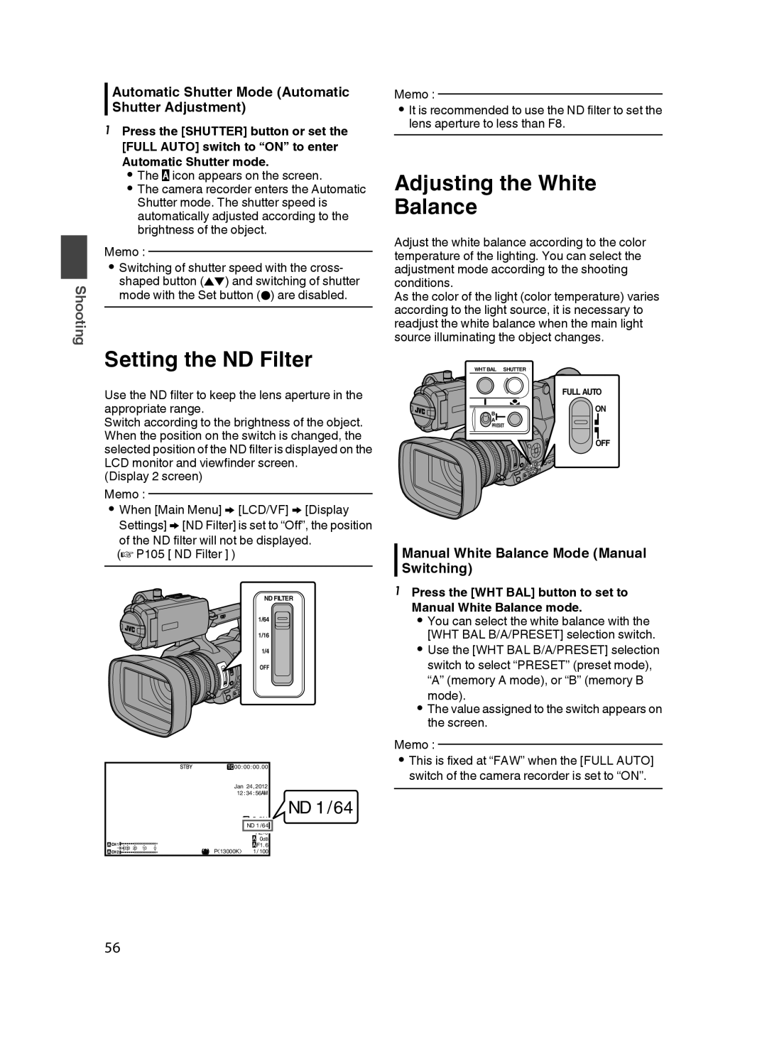 JVC GY-HM650U Setting the ND Filter, Adjusting the White Balance, Automatic Shutter Mode Automatic Shutter Adjustment 