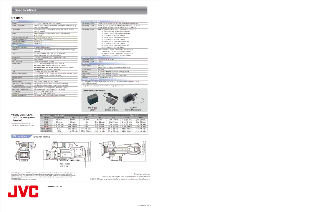 JVC GY-HM70 dimensions Specifications 