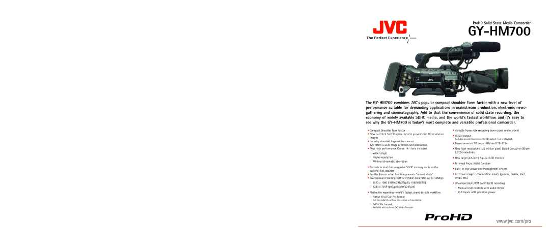 JVC Gy-hm700 dimensions GY-HM700, ProHD Solid State Media Camcorder 