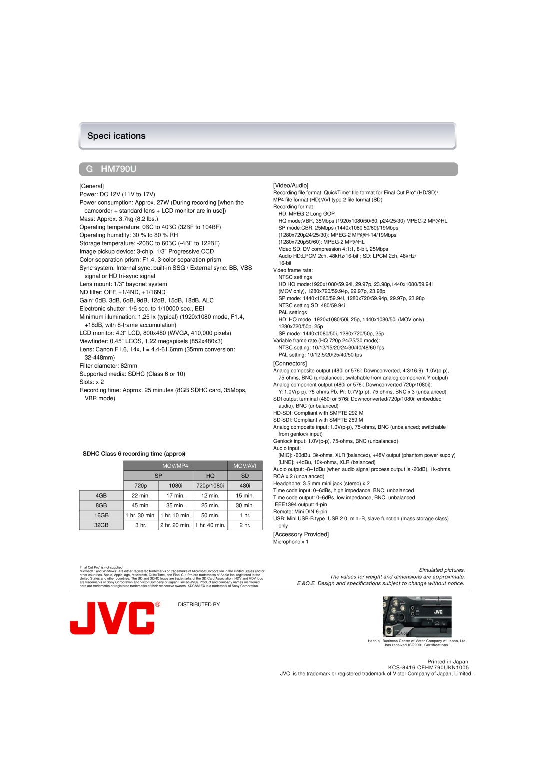 JVC GY-HM790U manual Specifications, Sdhc Class 6 recording time approx 