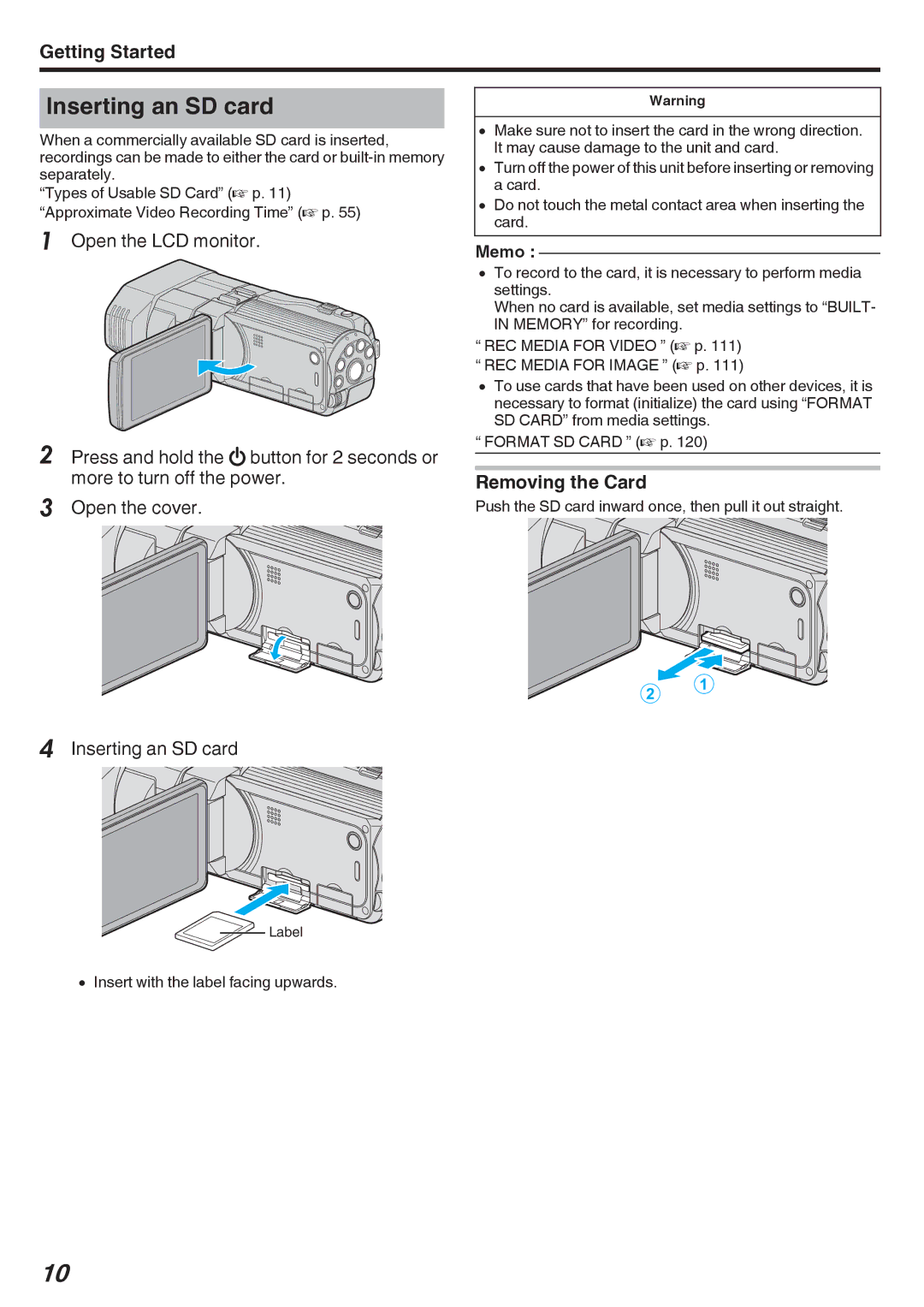 JVC GY-HMZ1U, GY-HMZ1E manual Inserting an SD card, Removing the Card 