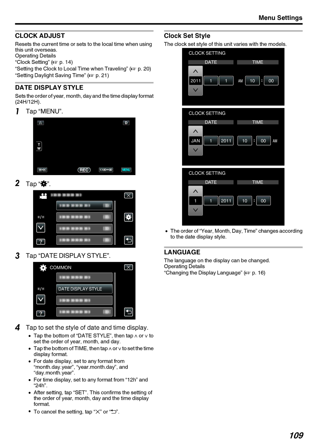 JVC GY-HMZ1E, GY-HMZ1U manual 109, Clock Adjust, Date Display Style, Clock Set Style, Language 