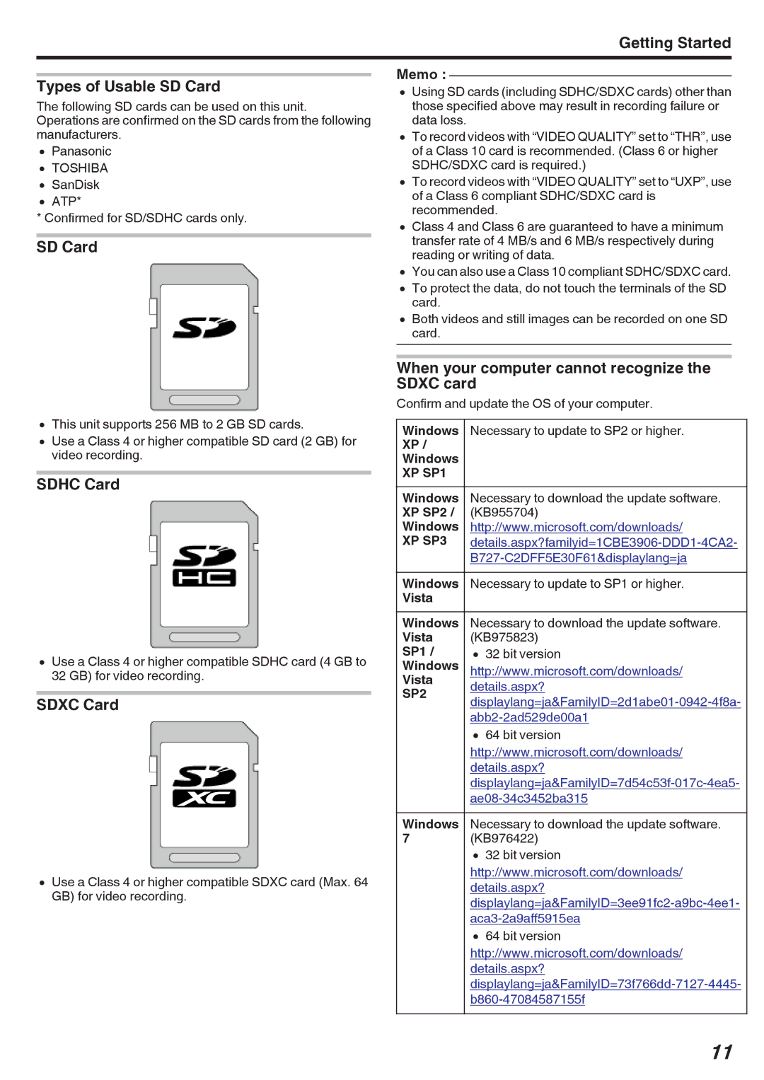 JVC GY-HMZ1E, GY-HMZ1U Types of Usable SD Card, Sdhc Card, Sdxc Card, When your computer cannot recognize the Sdxc card 