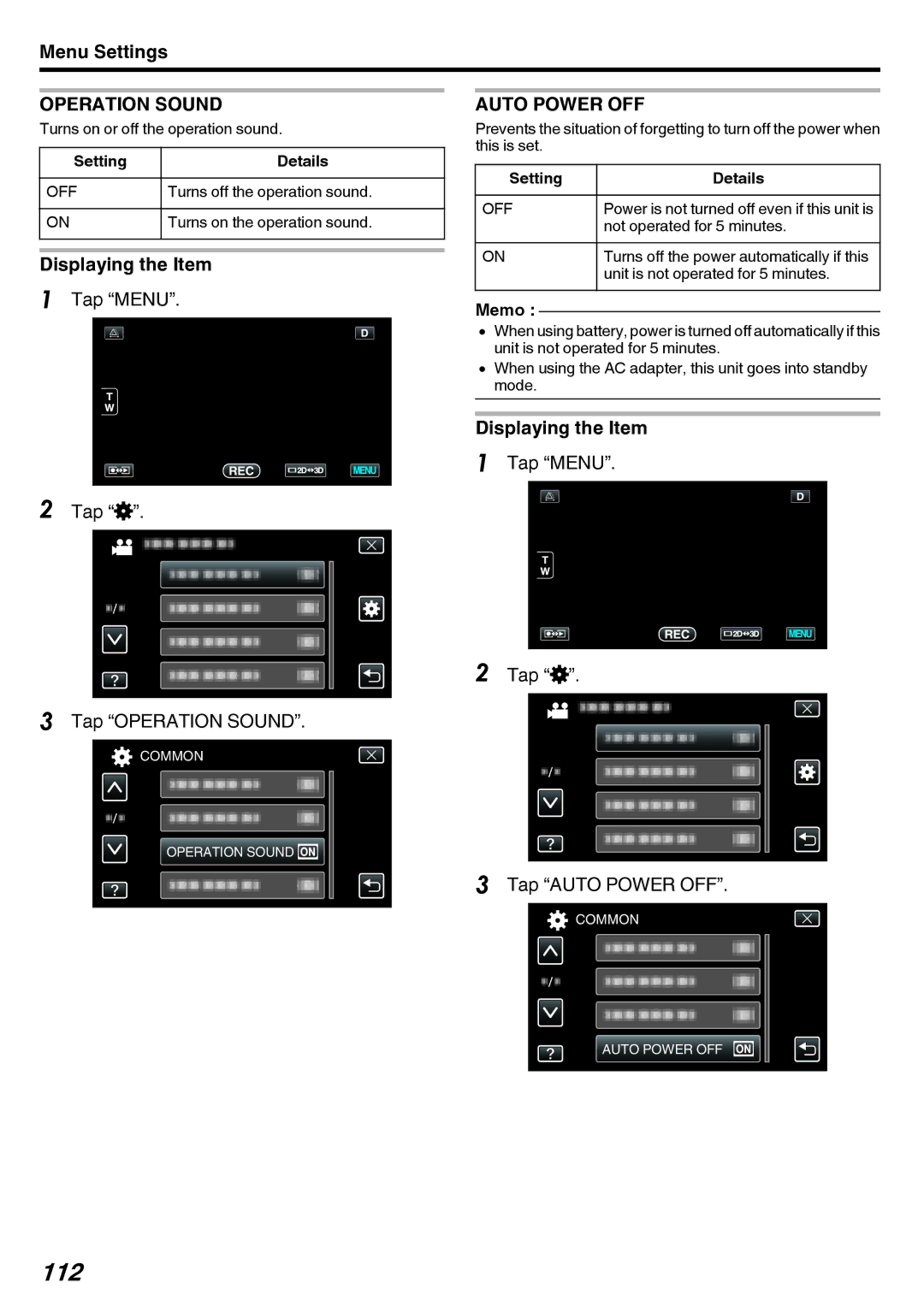 JVC GY-HMZ1U, GY-HMZ1E manual 112, Operation Sound, Auto Power OFF 