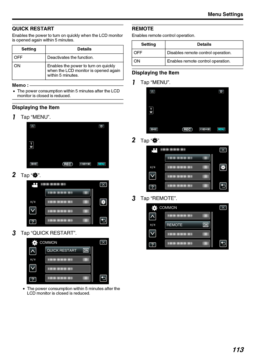 JVC GY-HMZ1E, GY-HMZ1U manual 113, Tap Menu Tap Q Tap Remote, Tap Quick Restart 