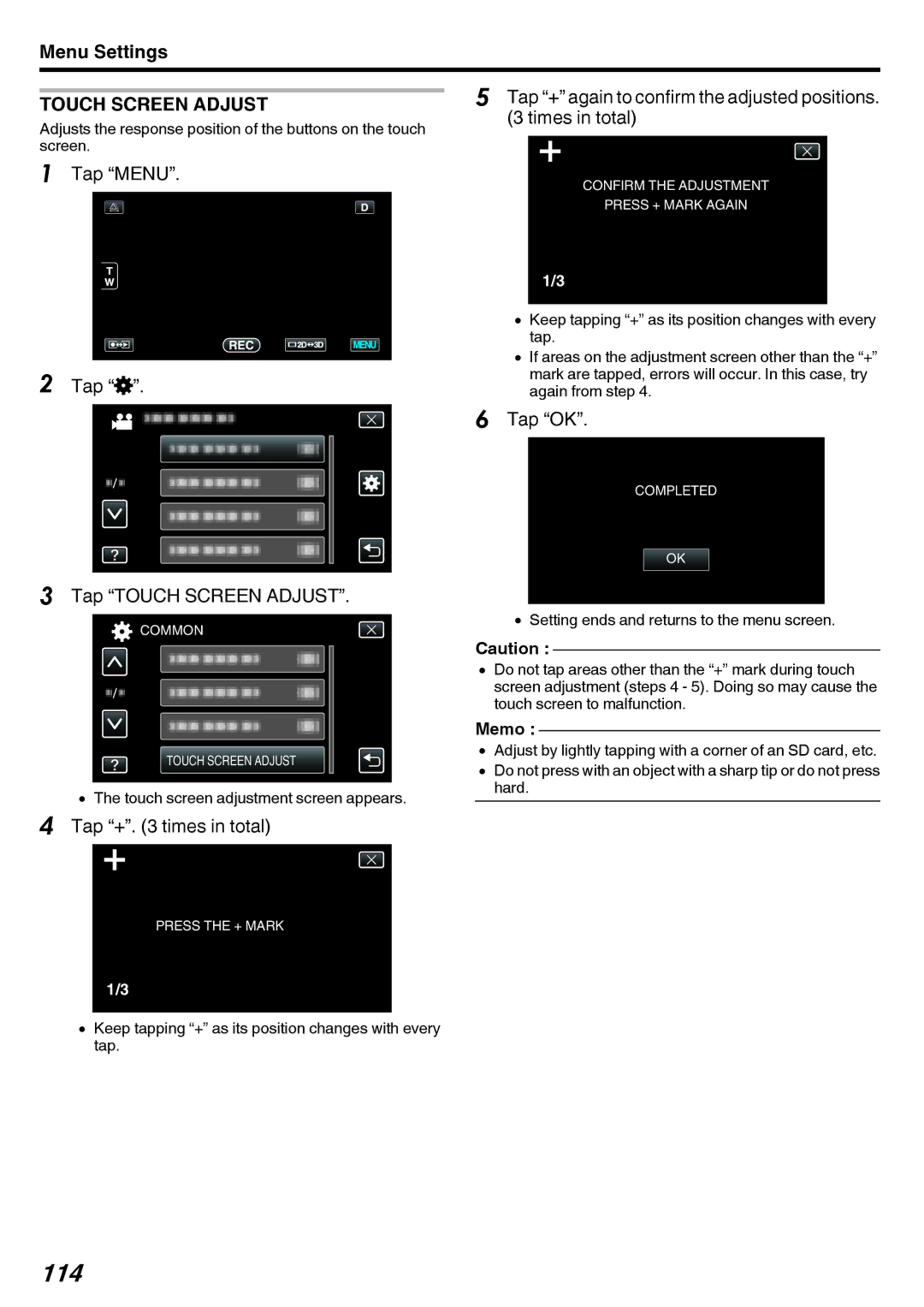 JVC GY-HMZ1U, GY-HMZ1E manual 114, Tap Q Tap Touch Screen Adjust, Tap OK, Tap + times in total 