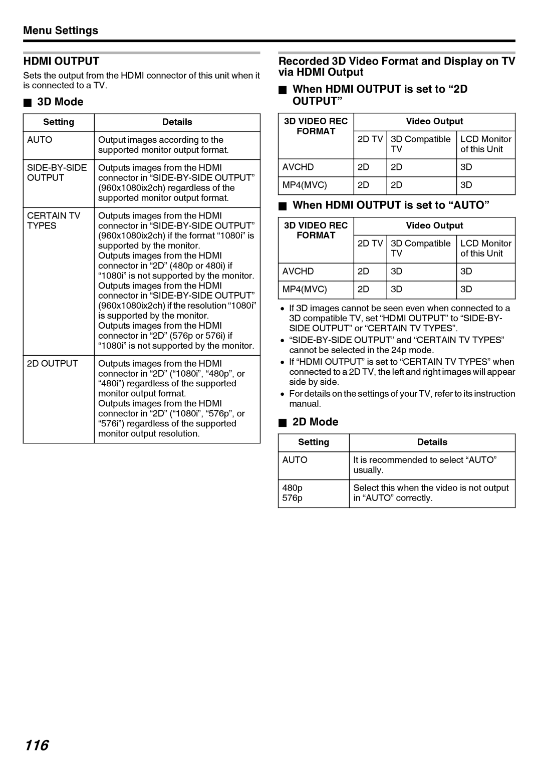 JVC GY-HMZ1U, GY-HMZ1E manual 116, When Hdmi Output is set to Auto, Video Output 