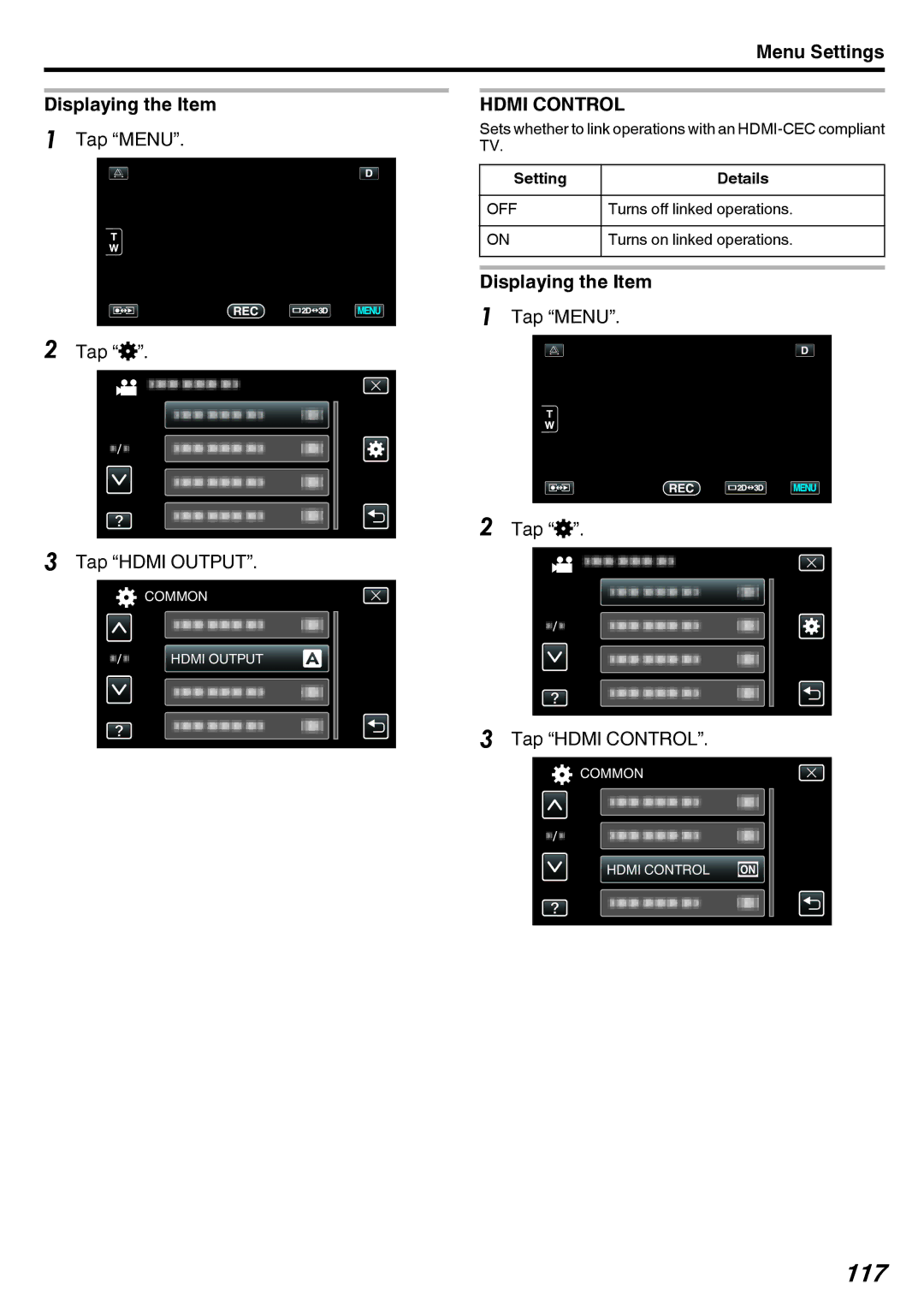 JVC GY-HMZ1E, GY-HMZ1U manual 117, Menu Settings Displaying the Item, Tap Menu Tap Q Tap Hdmi Output, Hdmi Control 