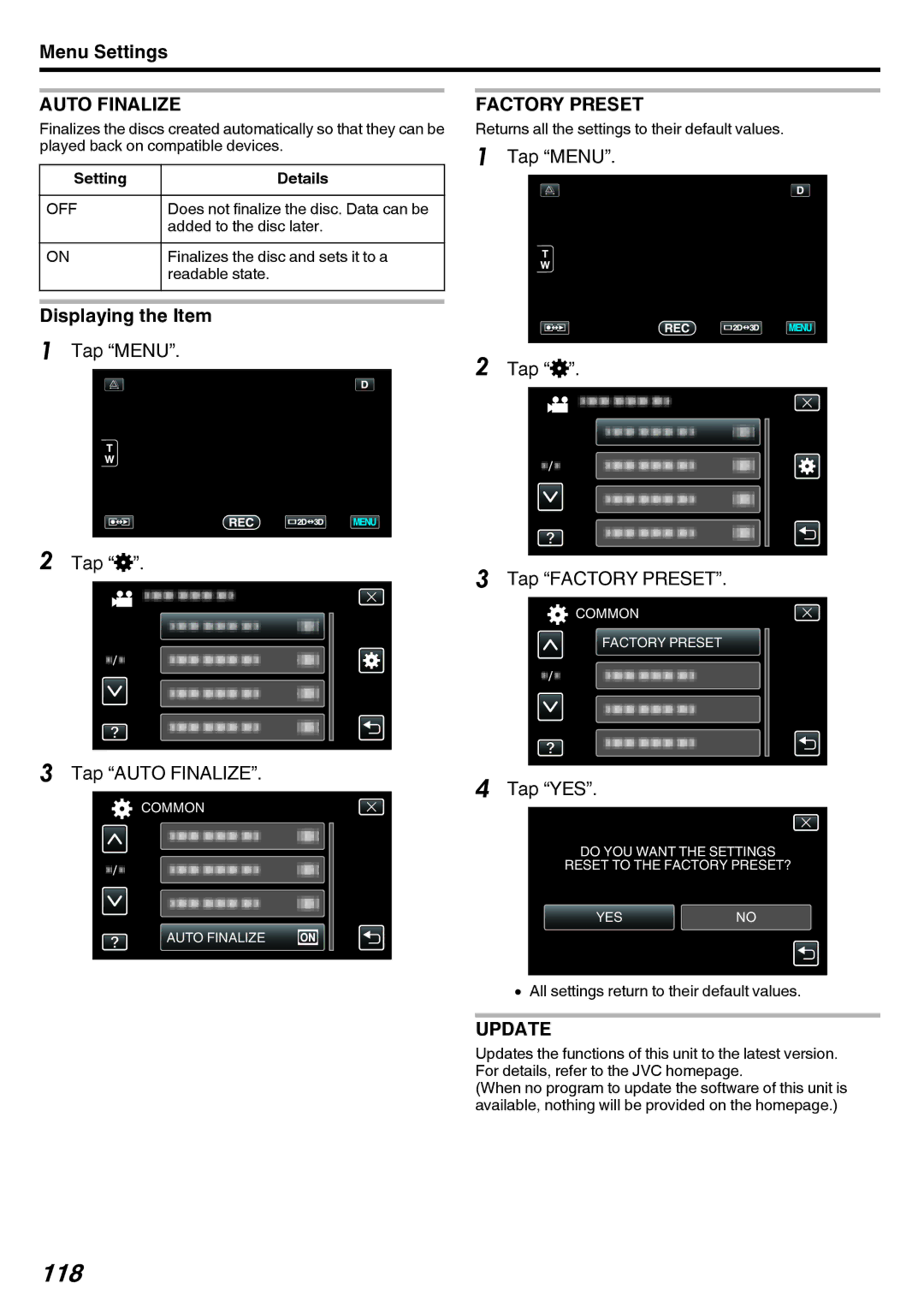 JVC GY-HMZ1U, GY-HMZ1E manual 118, Auto Finalize, Factory Preset, Update 