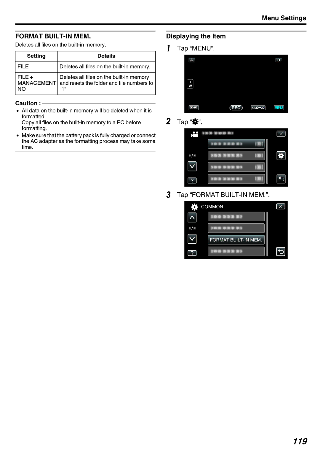 JVC GY-HMZ1E, GY-HMZ1U manual 119, Tap Menu Tap Q Tap Format BUILT-IN MEM 