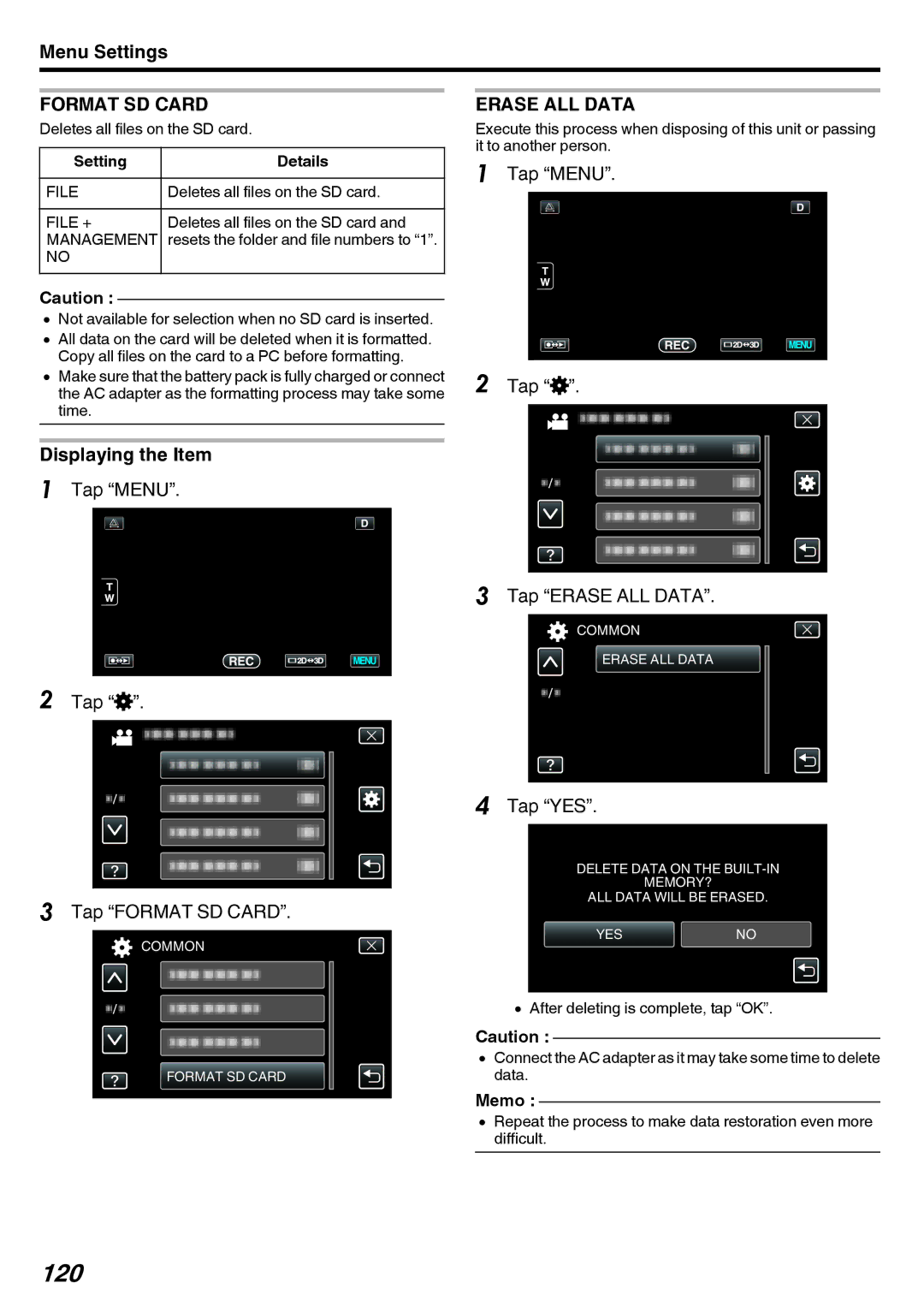 JVC GY-HMZ1U, GY-HMZ1E manual 120, Tap Menu Tap Q Tap Format SD Card, Tap Menu Tap Q Tap Erase ALL Data 