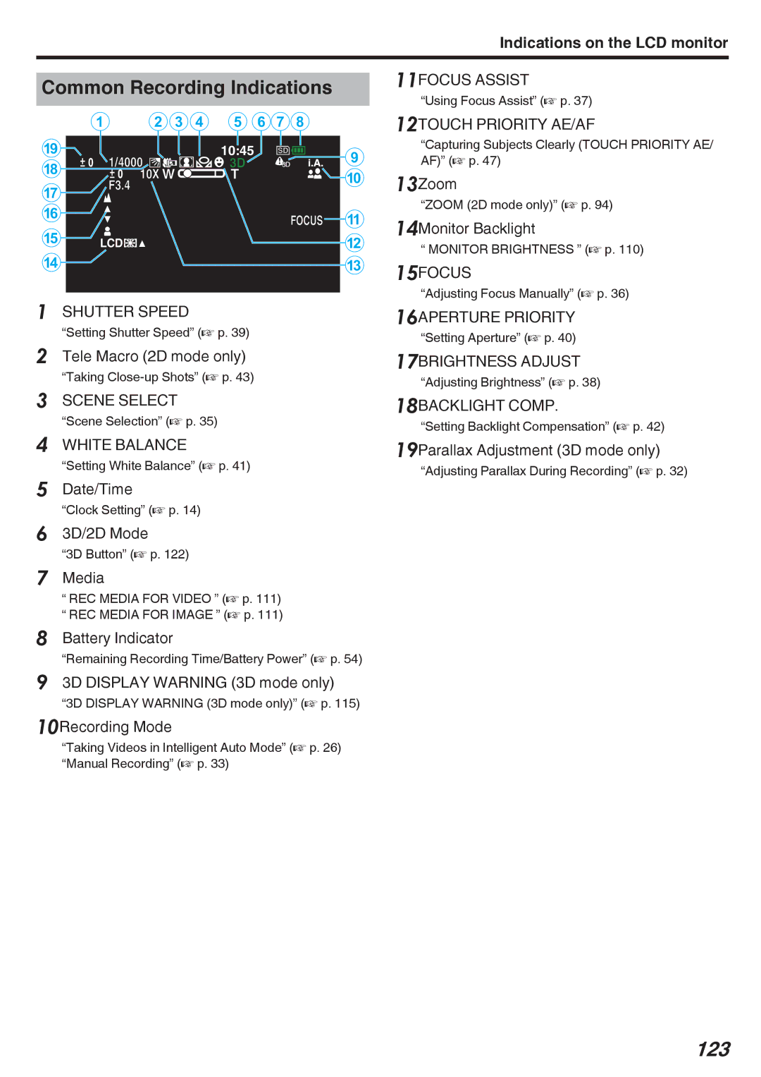 JVC GY-HMZ1E, GY-HMZ1U manual 123, Common Recording Indications, Indications on the LCD monitor 