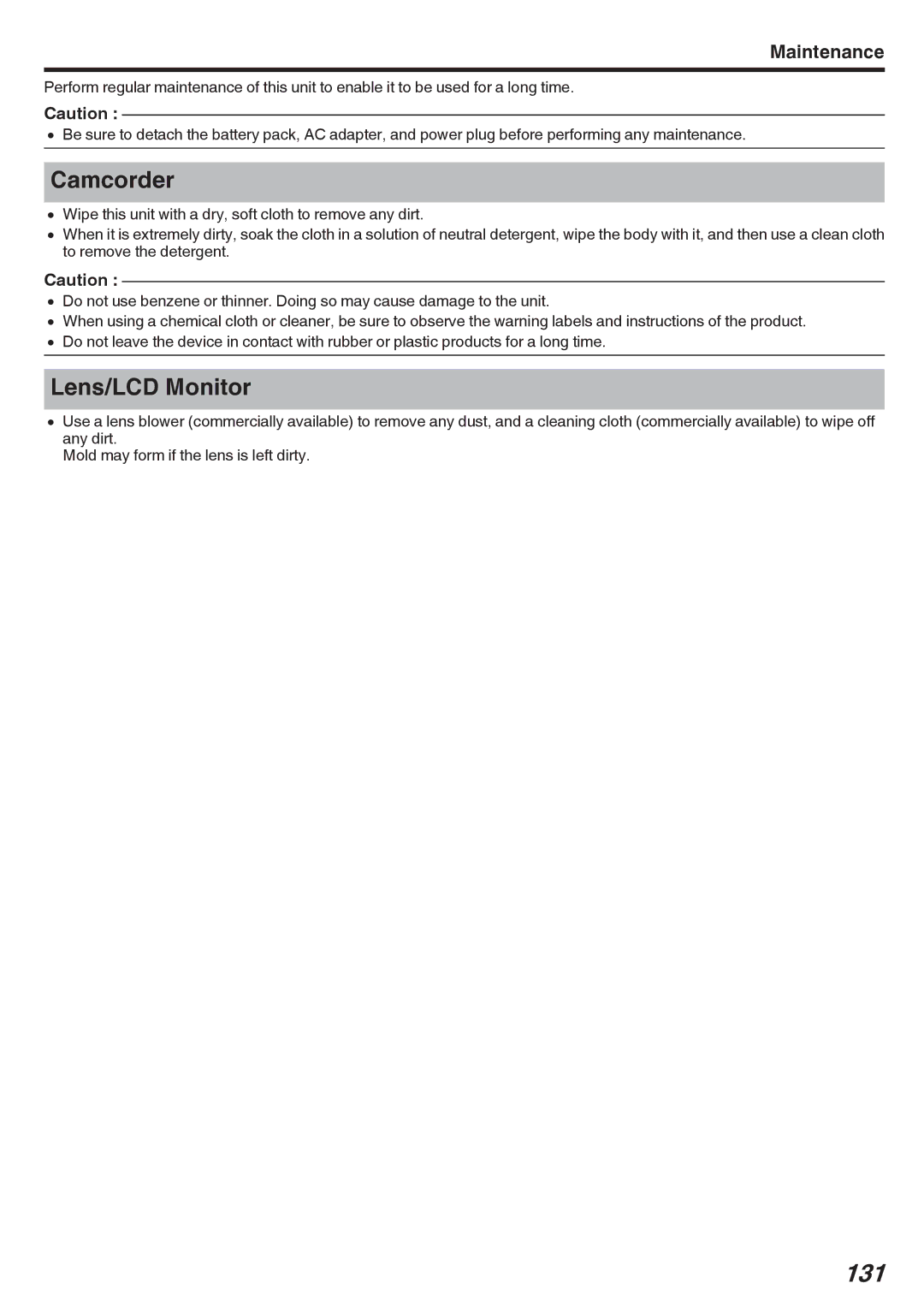 JVC GY-HMZ1E, GY-HMZ1U manual 131, Camcorder, Lens/LCD Monitor, Maintenance 