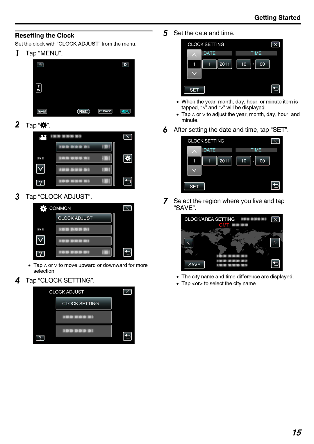 JVC GY-HMZ1E, GY-HMZ1U manual Getting Started Resetting the Clock, Tap Menu Tap Q Tap Clock Adjust, Tap Clock Setting 