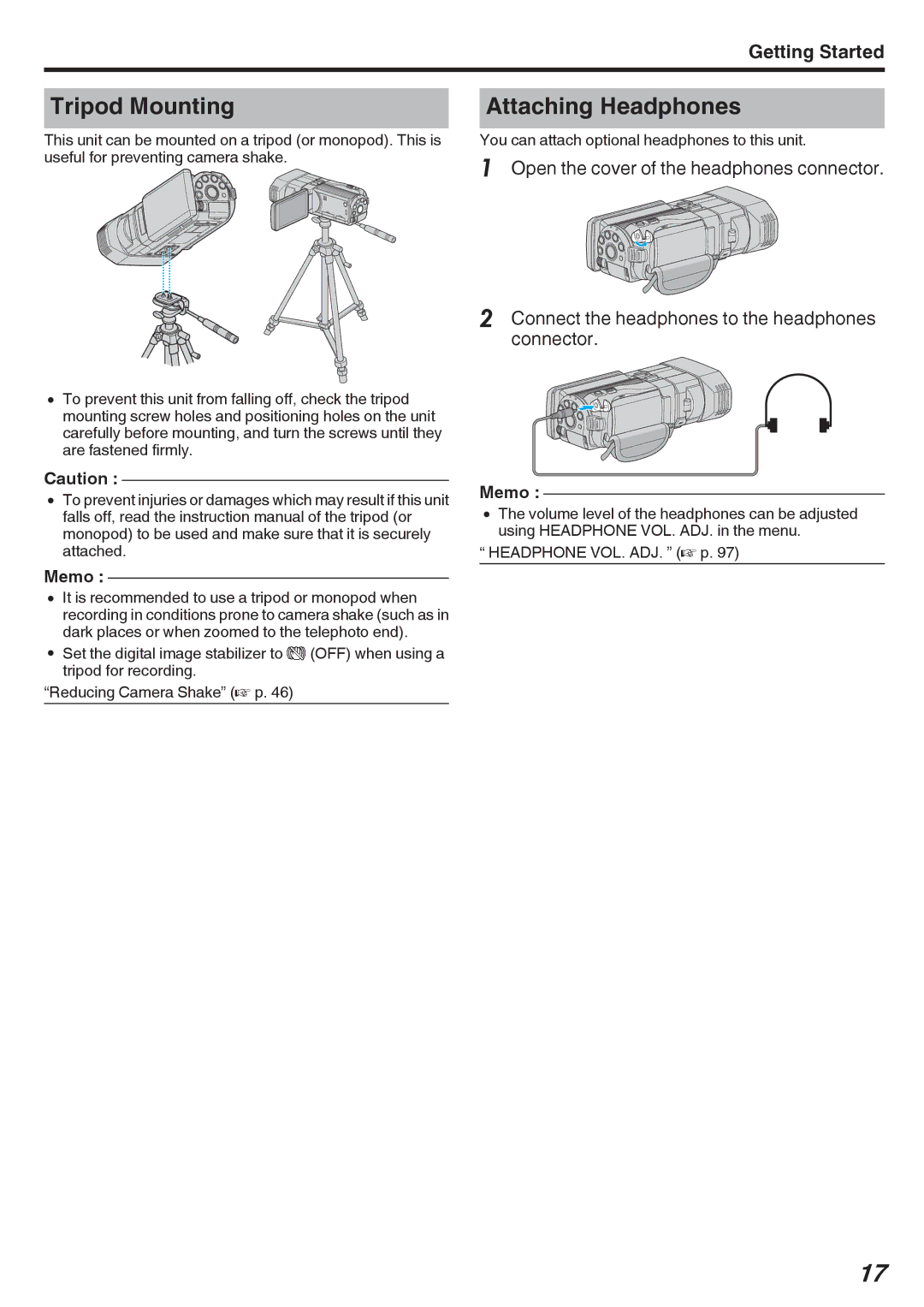 JVC GY-HMZ1E, GY-HMZ1U manual Tripod Mounting, Attaching Headphones 