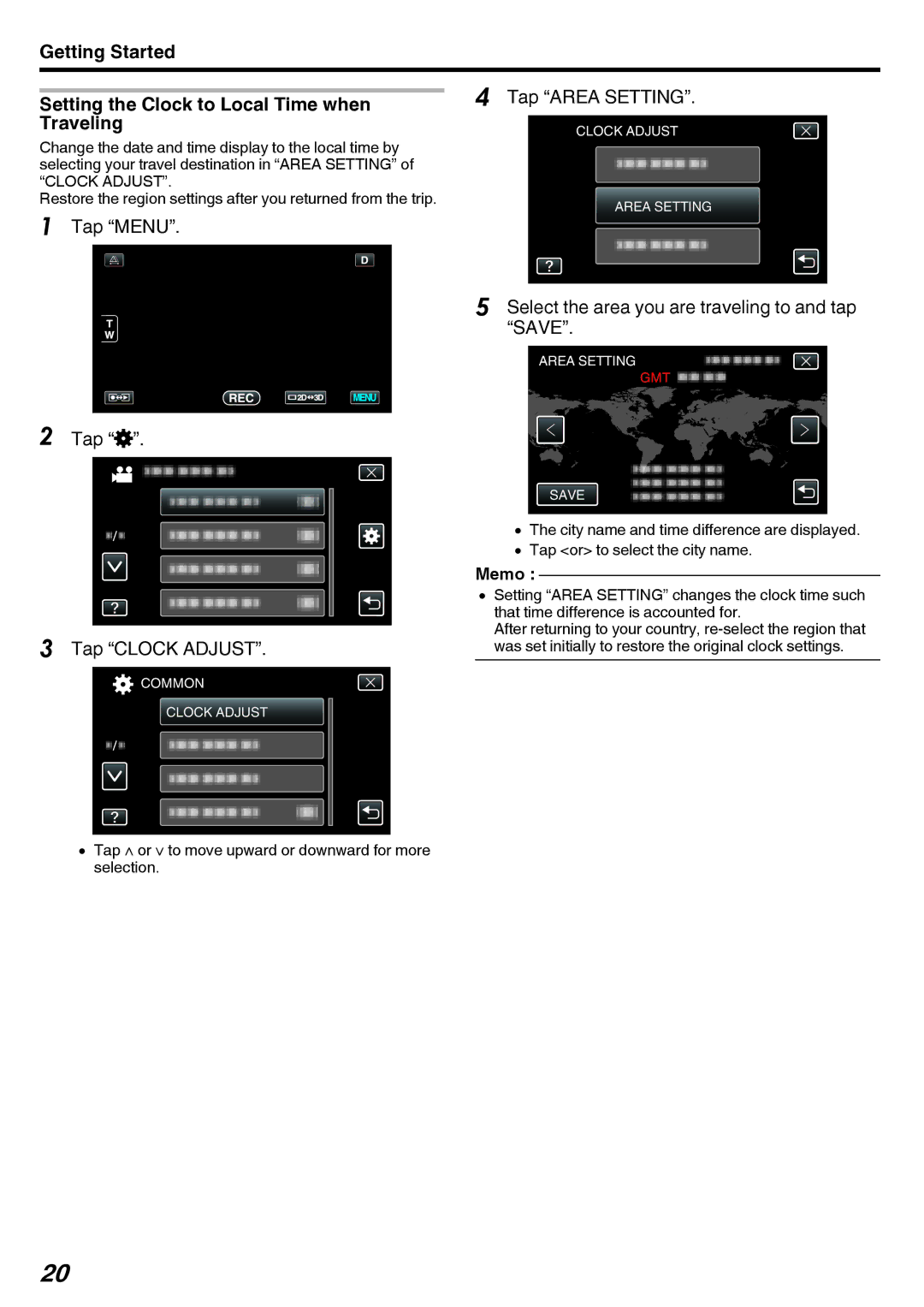 JVC GY-HMZ1U, GY-HMZ1E manual Tap Area Setting, Setting the Clock to Local Time when, Traveling, Clock Adjust 