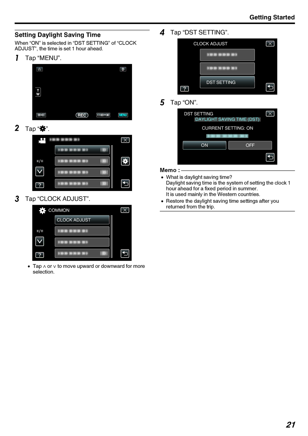 JVC GY-HMZ1E, GY-HMZ1U manual Getting Started Setting Daylight Saving Time, Tap DST Setting, Tap on 