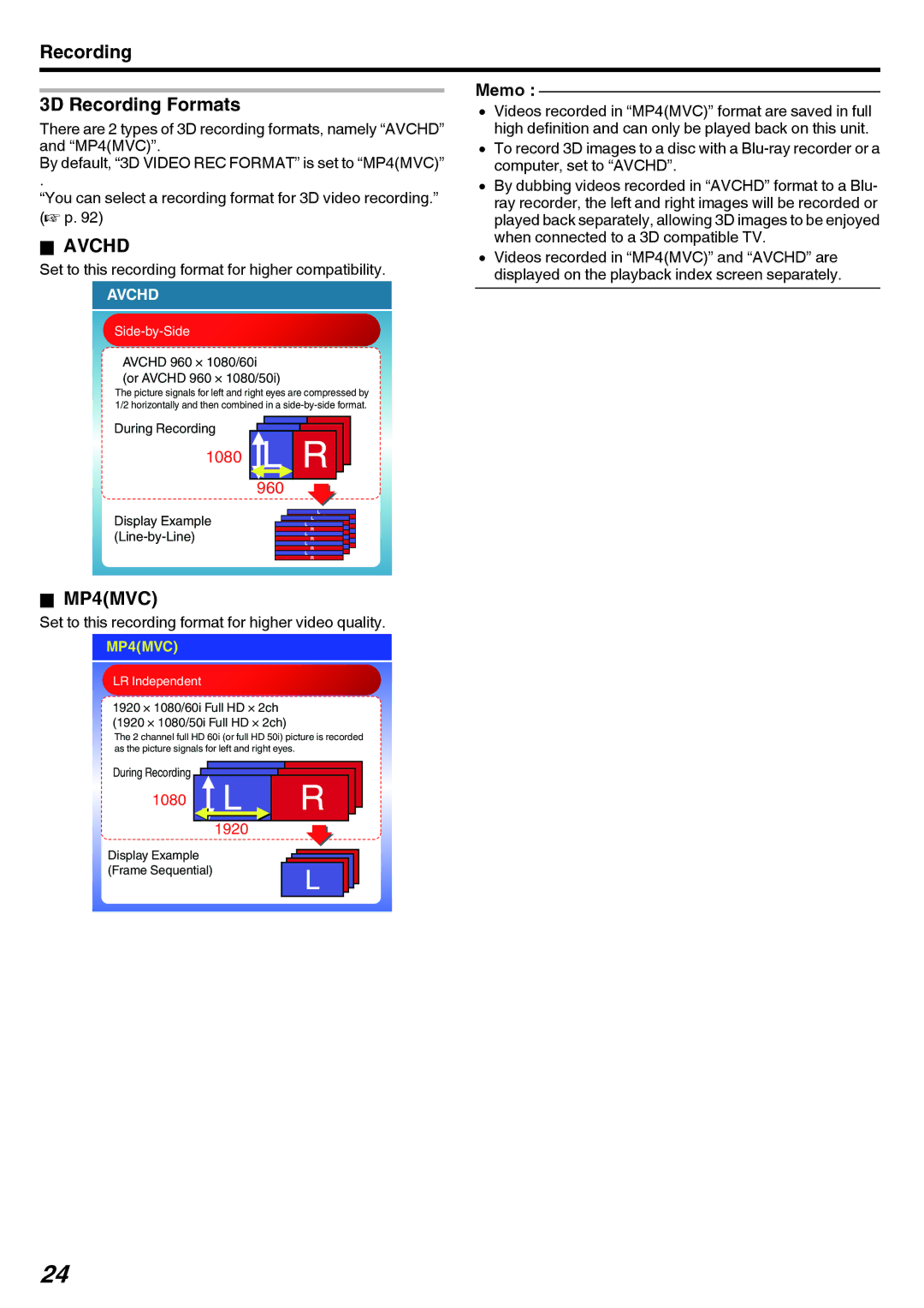 JVC GY-HMZ1U, GY-HMZ1E manual 3D Recording Formats, Avchd, MP4MVC 
