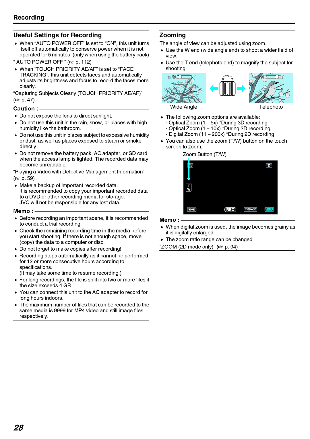 JVC GY-HMZ1U, GY-HMZ1E manual Recording Useful Settings for Recording, Zooming 