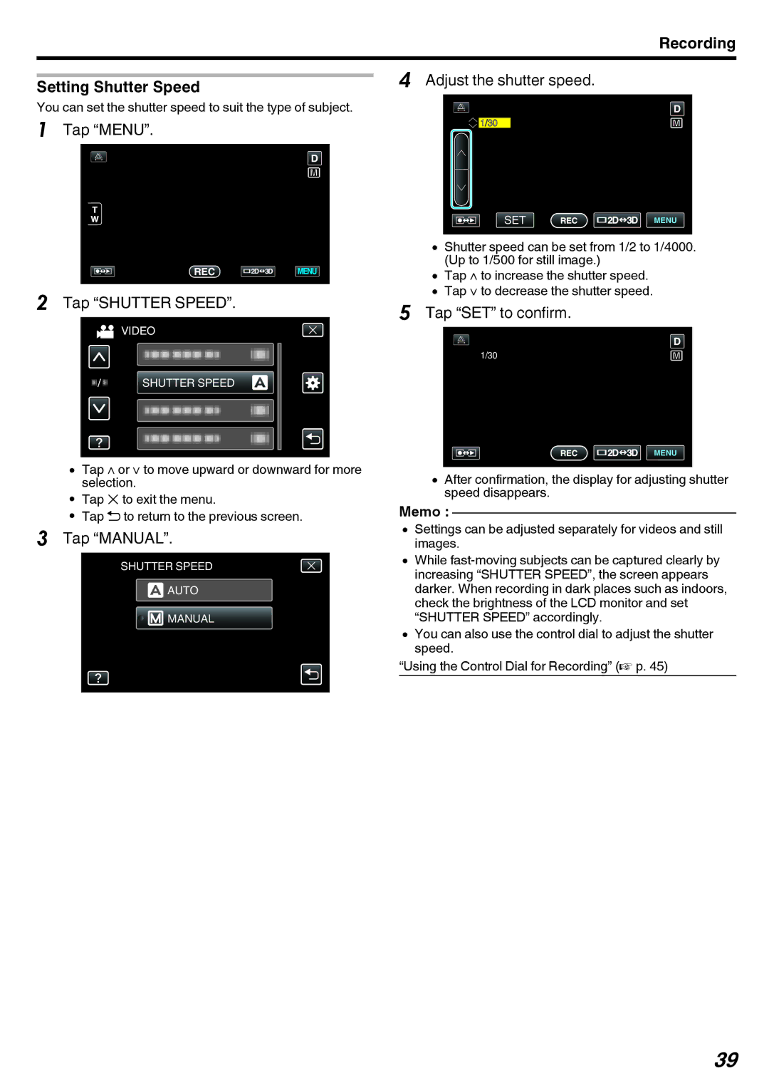 JVC GY-HMZ1E, GY-HMZ1U manual Recording Setting Shutter Speed, Tap Menu Tap Shutter Speed, Adjust the shutter speed 