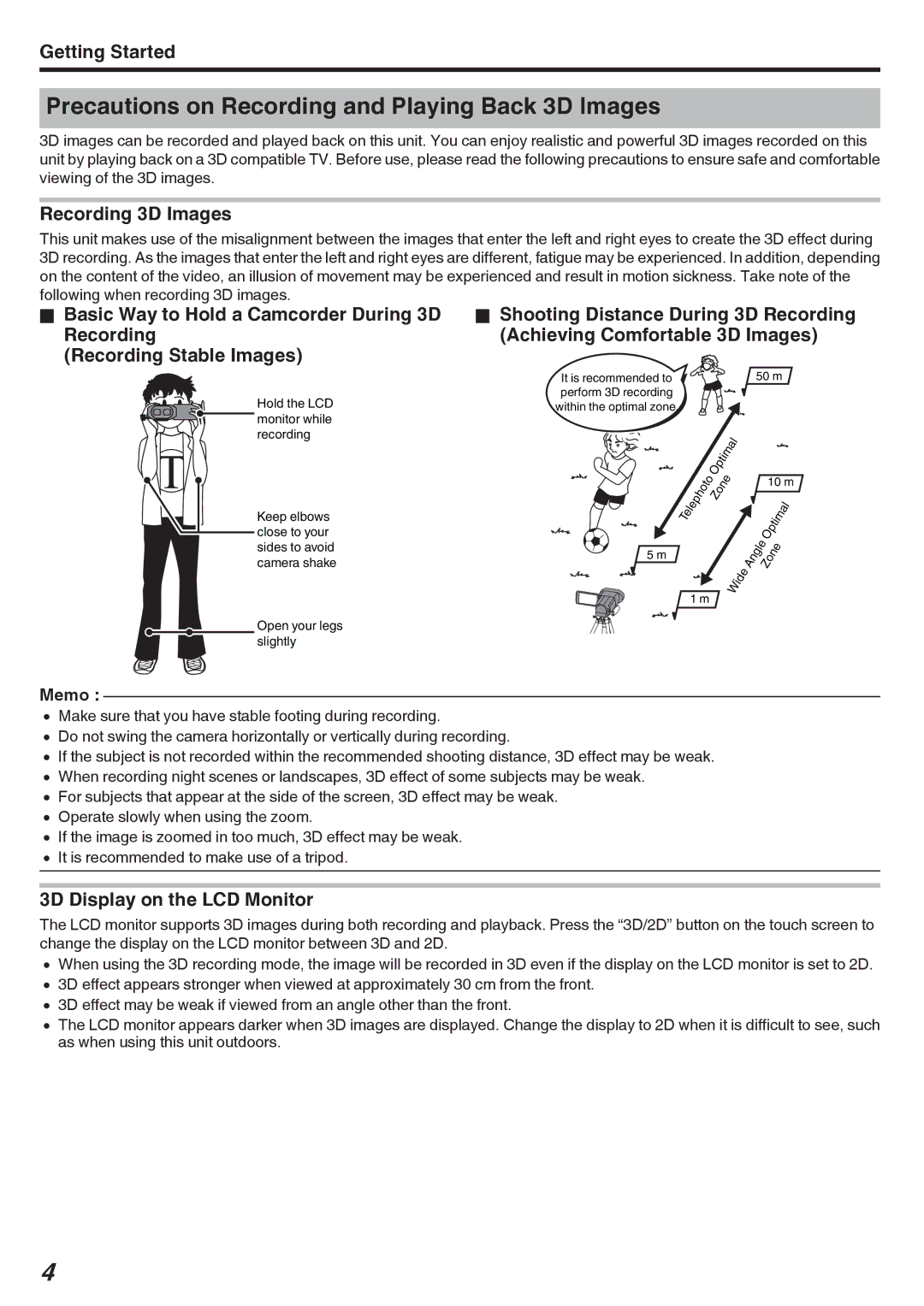 JVC GY-HMZ1U, GY-HMZ1E manual Precautions on Recording and Playing Back 3D Images, Getting Started, Recording 3D Images 