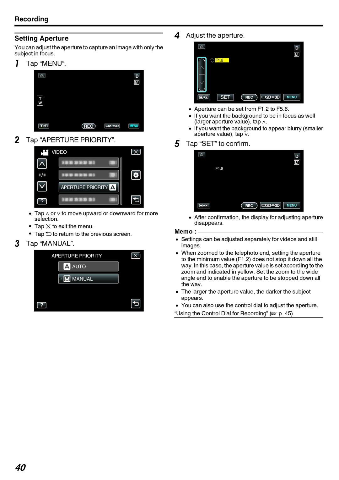 JVC GY-HMZ1U, GY-HMZ1E manual Adjust the aperture, Setting Aperture, Tap Menu Tap Aperture Priority 