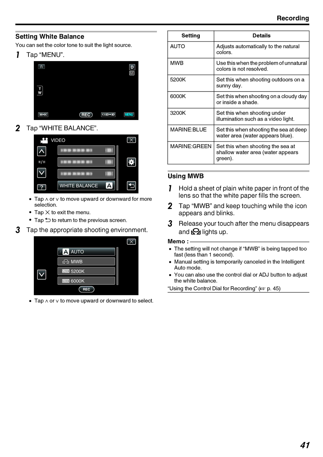 JVC GY-HMZ1E manual Recording Setting White Balance, Tap Menu Tap White Balance, Tap the appropriate shooting environment 