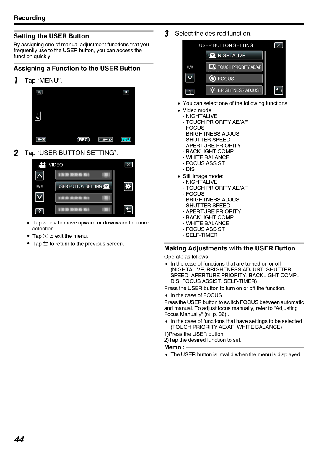 JVC GY-HMZ1U, GY-HMZ1E manual Select the desired function, Setting the User Button, Assigning a Function to the User Button 