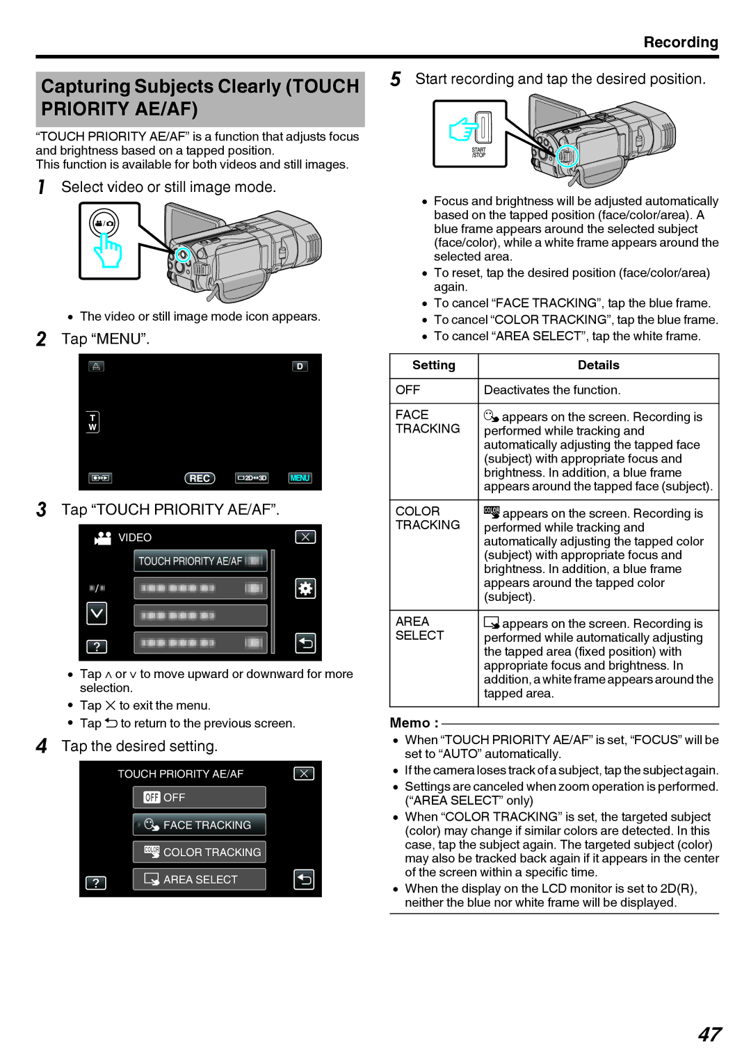 JVC GY-HMZ1E Capturing Subjects Clearly Touch Priority AE/AF, Select video or still image mode, Tap the desired setting 