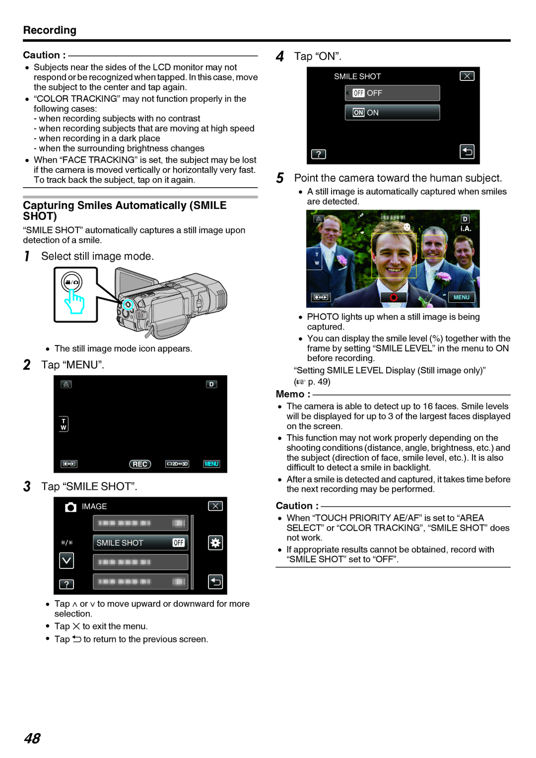 JVC GY-HMZ1U, GY-HMZ1E Point the camera toward the human subject, Capturing Smiles Automatically SMILEare detected, Shot 