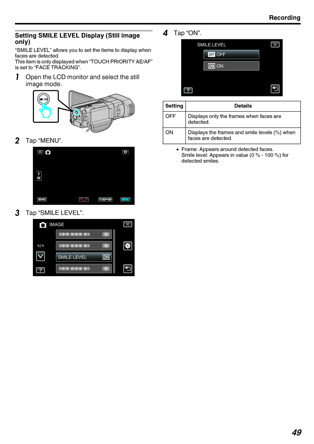 JVC GY-HMZ1E, GY-HMZ1U manual Setting Smile Level Display Still image Only 