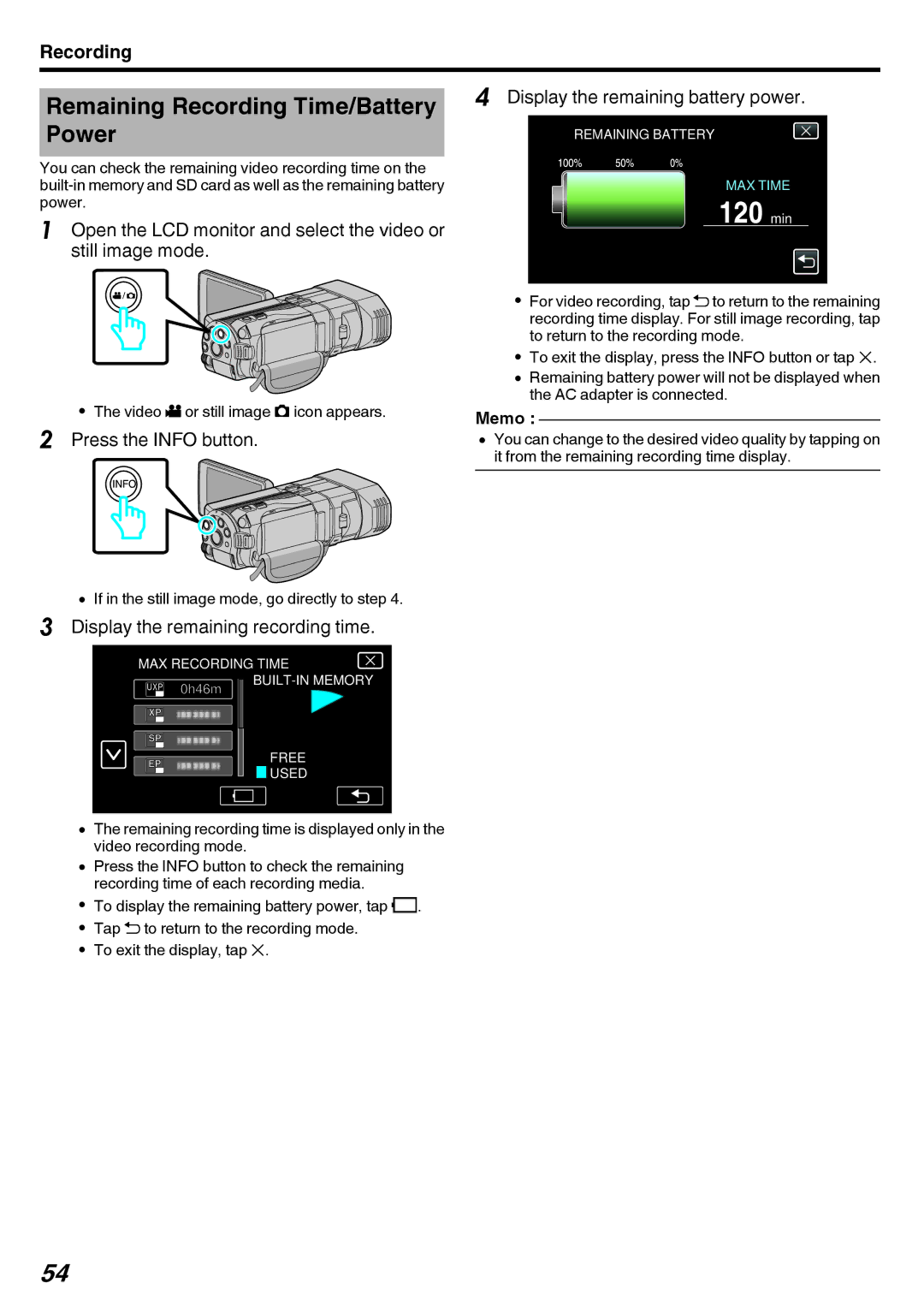 JVC GY-HMZ1U, GY-HMZ1E Remaining Recording Time/Battery, Power, Display the remaining battery power, Press the Info button 