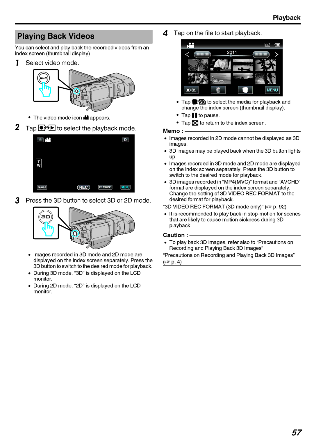 JVC GY-HMZ1E, GY-HMZ1U manual Playing Back Videos, Playback, Tap on the file to start playback, Select video mode 