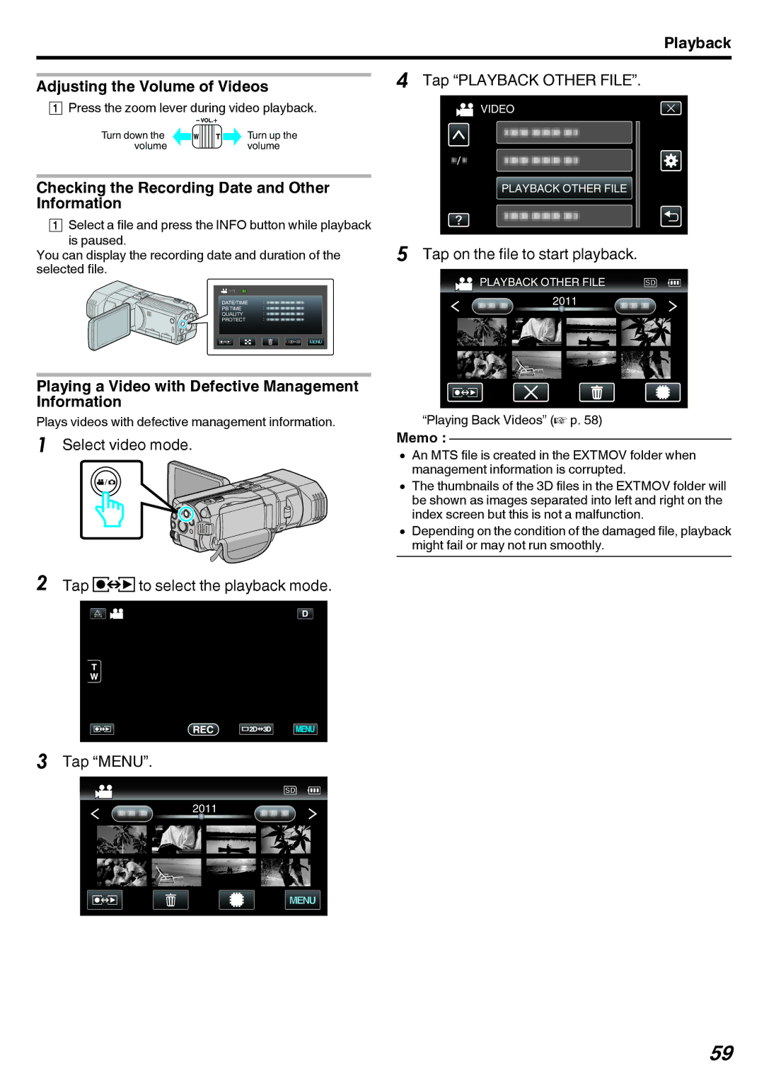 JVC GY-HMZ1E, GY-HMZ1U manual Playback Adjusting the Volume of Videos, Checking the Recording Date and Other Information 