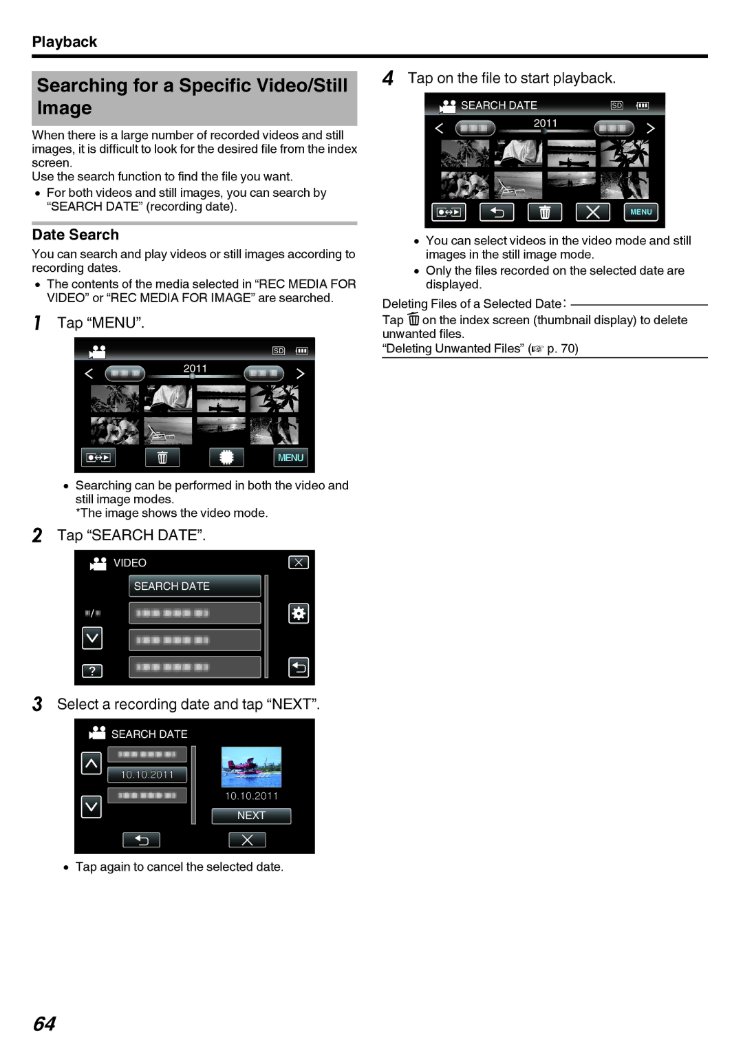 JVC GY-HMZ1U, GY-HMZ1E manual Searching for a Specific Video/Still, Image, Date Search, Tap Search Date 