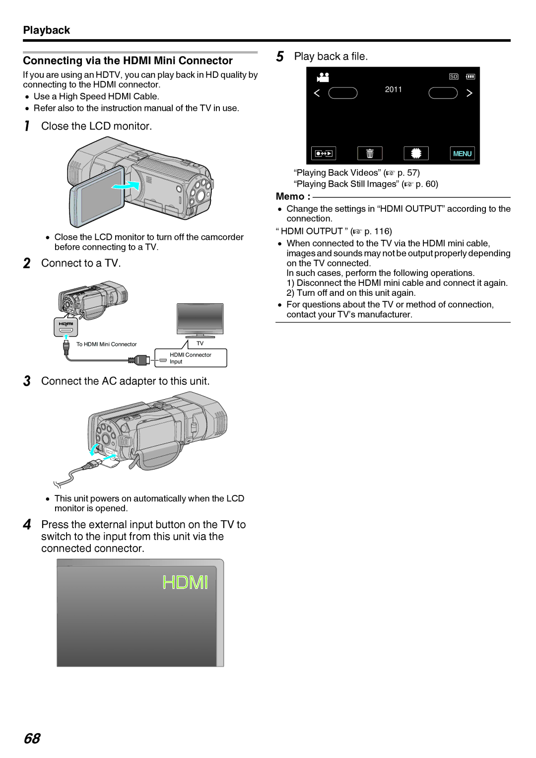 JVC GY-HMZ1U, GY-HMZ1E manual Connecting via the Hdmi Mini Connector 