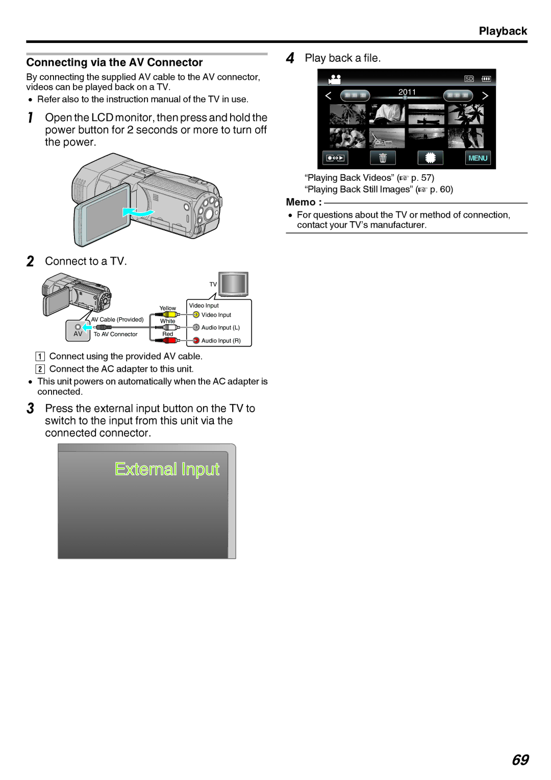 JVC GY-HMZ1E, GY-HMZ1U manual External Input, Playback Connecting via the AV Connector 