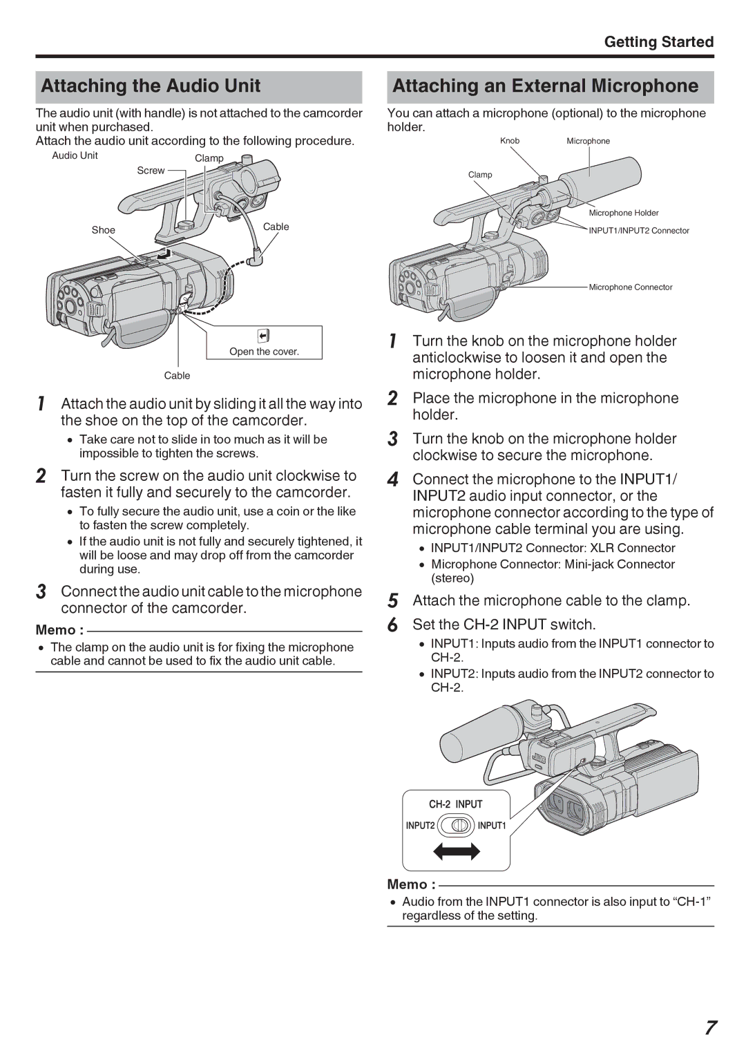 JVC GY-HMZ1E, GY-HMZ1U manual Attaching the Audio Unit, Attaching an External Microphone 