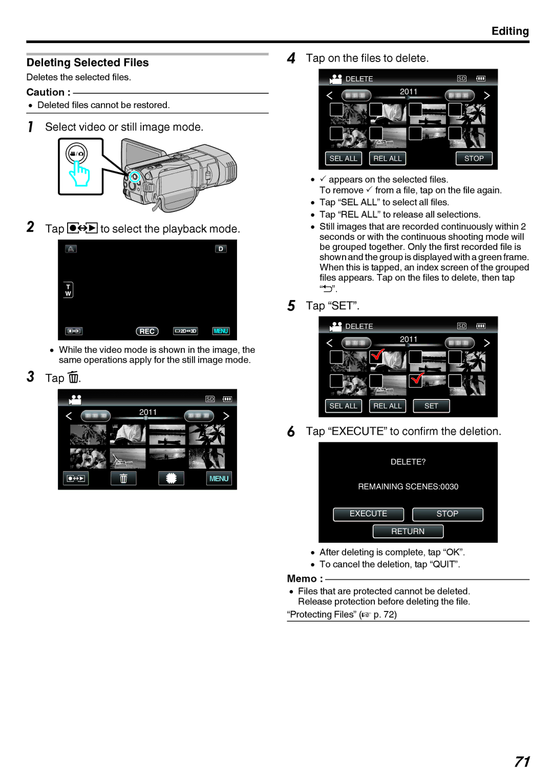 JVC GY-HMZ1E Editing Deleting Selected Files, Tap on the files to delete, Tap SET, Tap Execute to confirm the deletion 