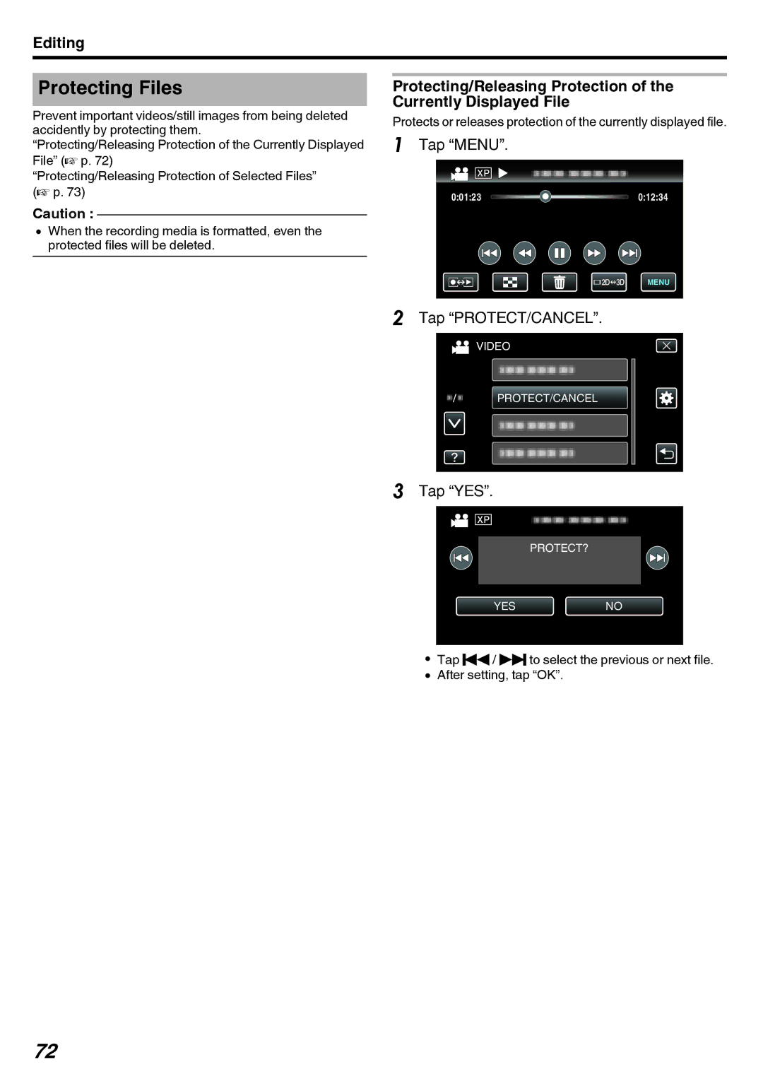 JVC GY-HMZ1U, GY-HMZ1E manual Protecting Files, Tap PROTECT/CANCEL 