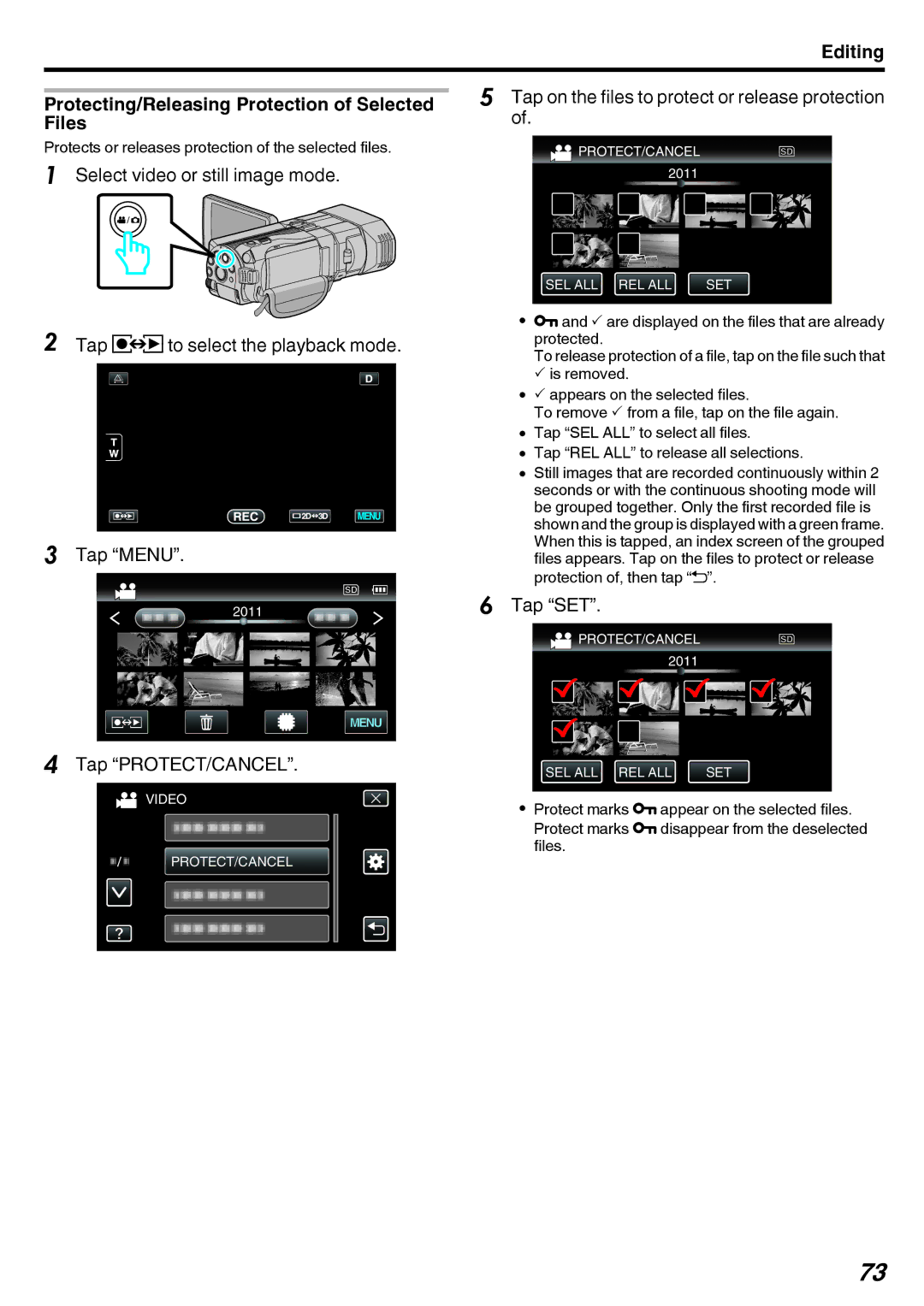 JVC GY-HMZ1E Editing Protecting/Releasing Protection of Selected Files, Tap on the files to protect or release protection 