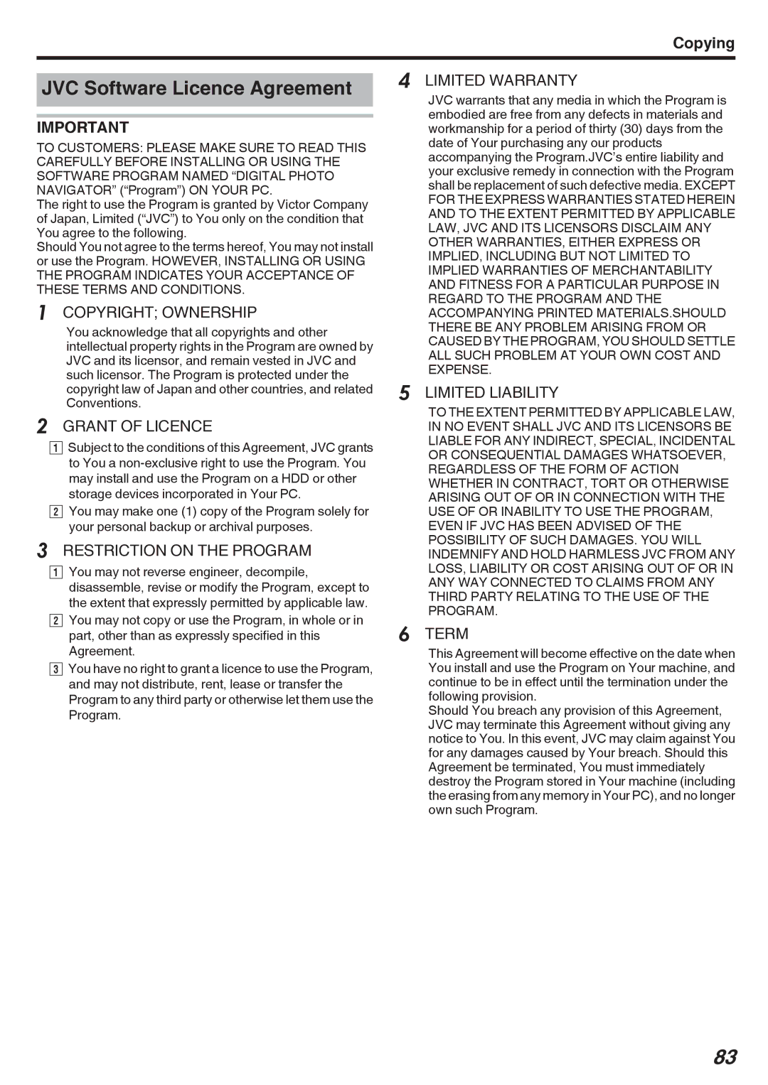 JVC GY-HMZ1E, GY-HMZ1U manual JVC Software Licence Agreement, Copyright Ownership 