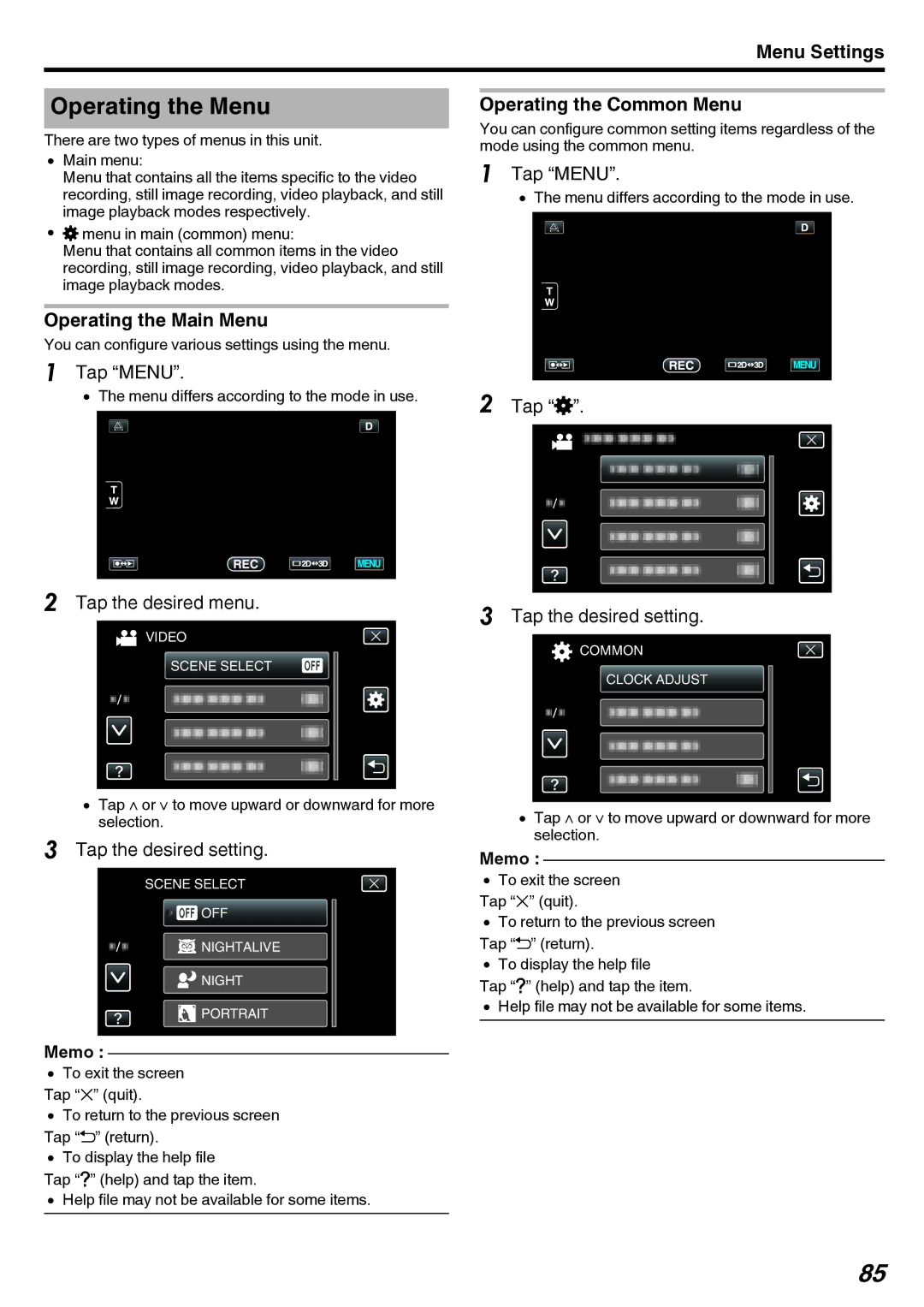 JVC GY-HMZ1E, GY-HMZ1U manual Operating the Menu, Menu Settings, Operating the Main Menu, Operating the Common Menu 