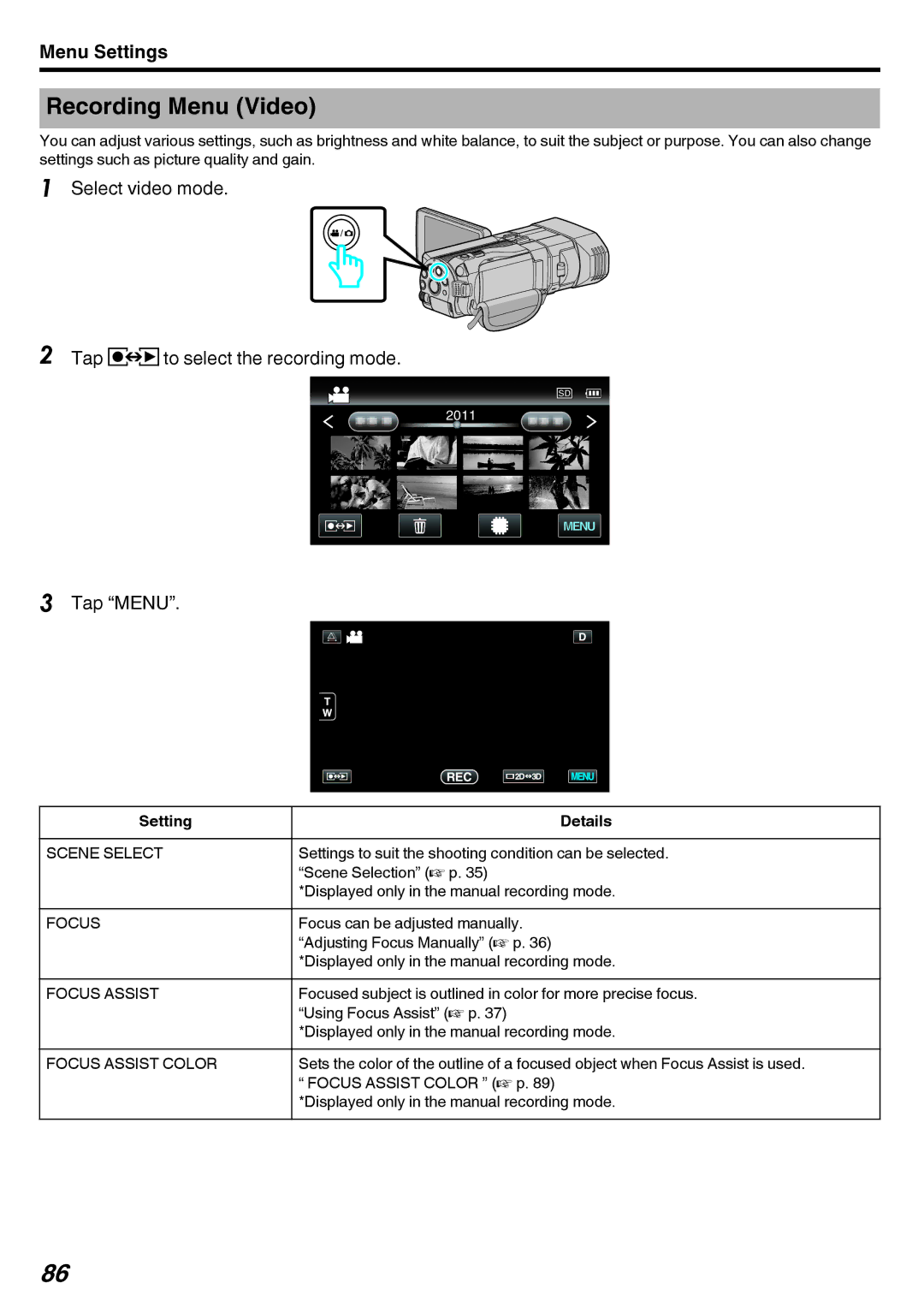 JVC GY-HMZ1U, GY-HMZ1E manual Recording Menu Video, Select video mode Tap qto select the recording mode 