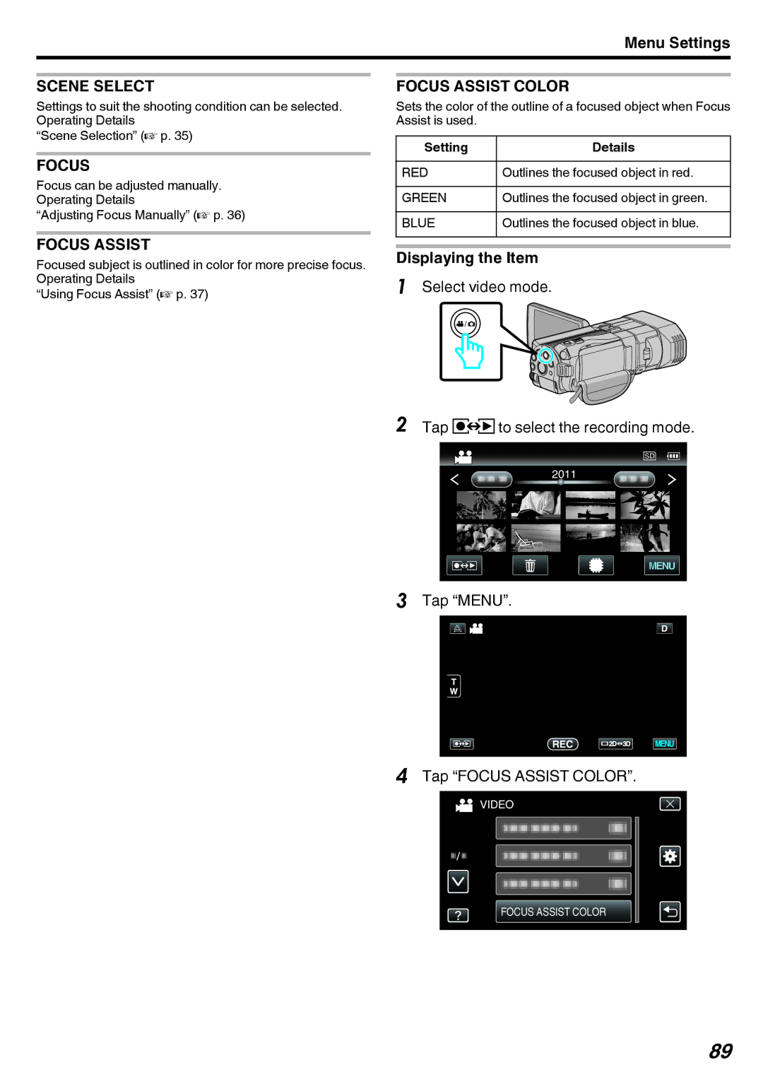 JVC GY-HMZ1E, GY-HMZ1U manual Scene Select, Focus Assist Color, Displaying the Item 