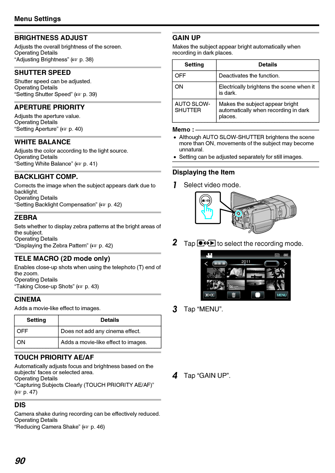 JVC GY-HMZ1U manual Brightness Adjust, Shutter Speed, Aperture Priority, White Balance, Backlight Comp, Zebra, Cinema, Dis 