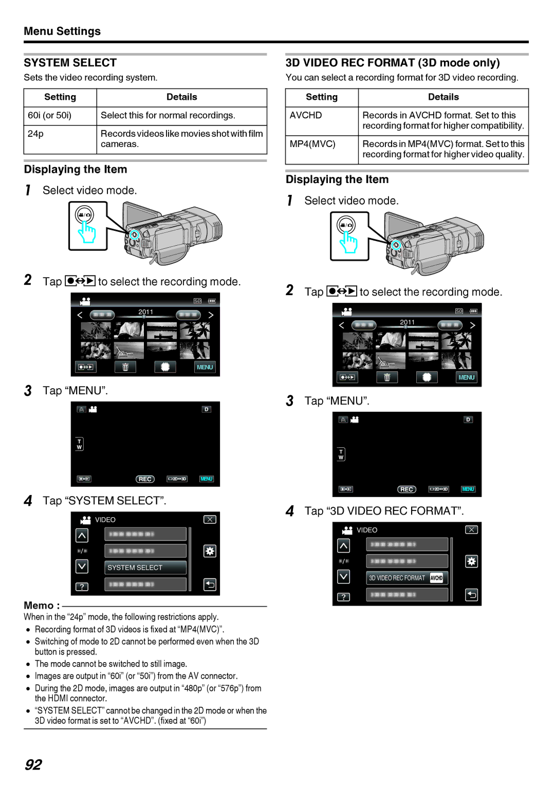 JVC GY-HMZ1U 3D Video REC Format 3D mode only, Tap Menu Tap System Select, Tap Menu Tap 3D Video REC Format, MP4MVC 